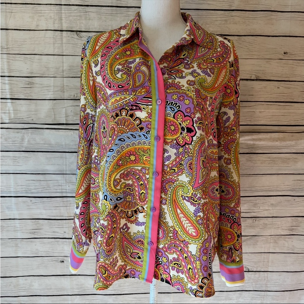 Rachel Zoe Paisley Button-Front Silky Blouse in Pink Multi - Picture 3 of 10